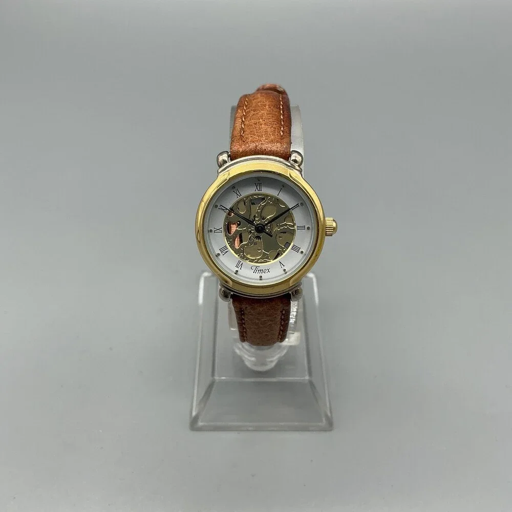 Vintage Timex Womens Watch 24mm Gold White Skeleton Brown Leather New Battery